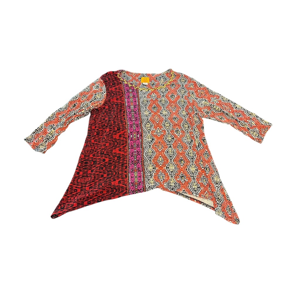 Ruby Rd Petite PXL Red Orange Mixed Print Beaded Neck Sharkbite Tunic Top